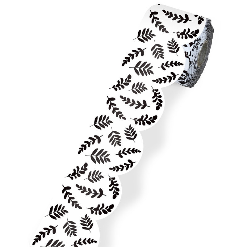 White with Black Leaves Rolled Scalloped Borders, 65 Feet