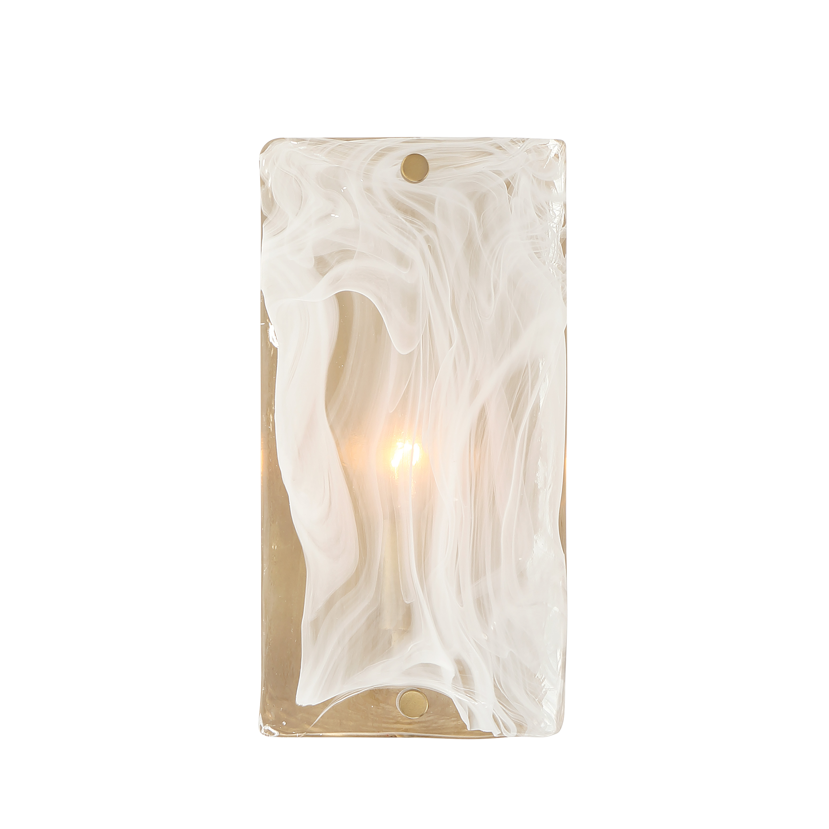 The Veil wall sconce combines classic brass warmth with contemporary white swirl glass for versatile lighting. Its compact 10-inch profile and ADA compliance make it ideal for hallways and bathrooms where style meets accessibility. - alternate view