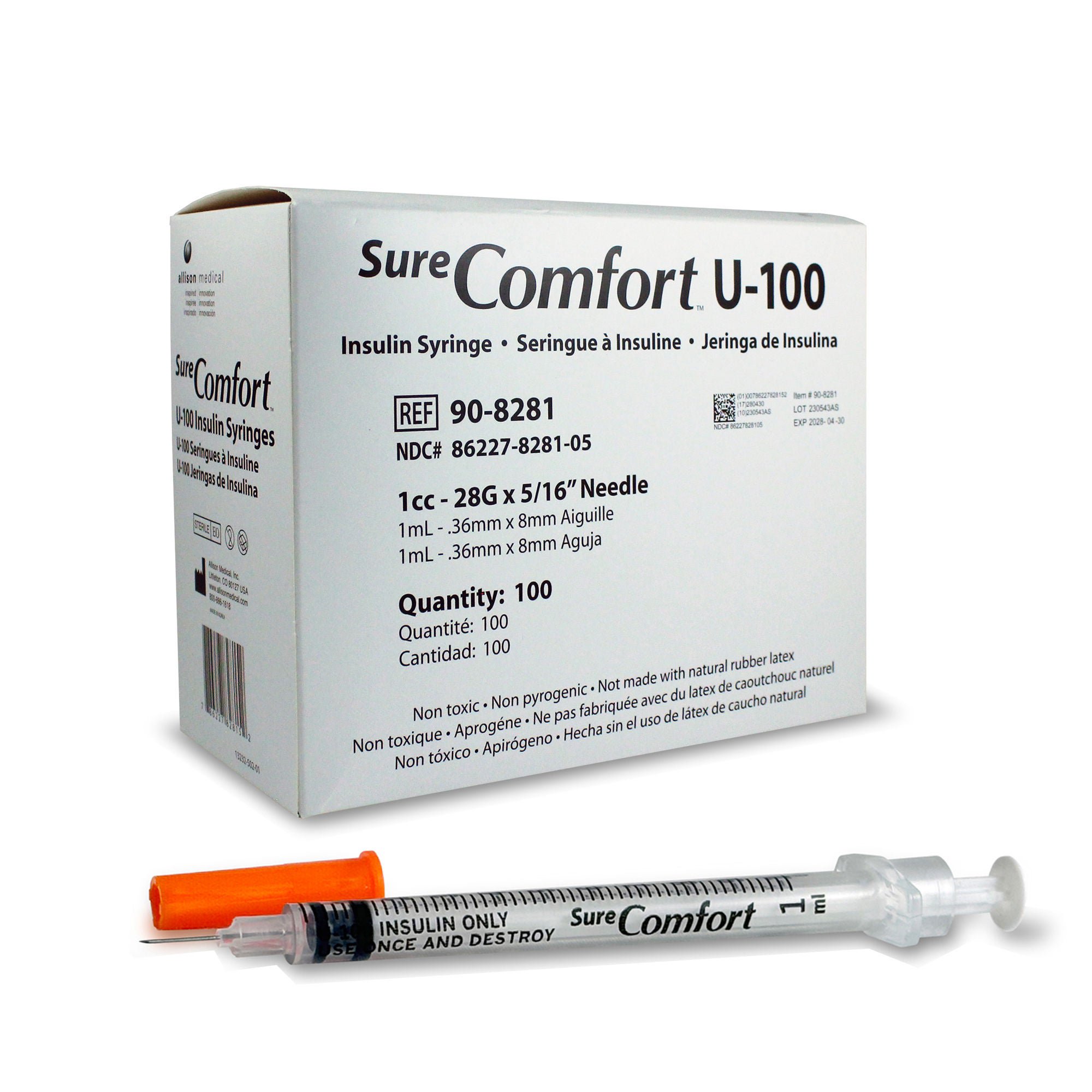 Allison Medical Inc SYRINGE, INSULIN HYPODRM SURE CMFRT 1ML 28GX5/16" (5BX/CS)