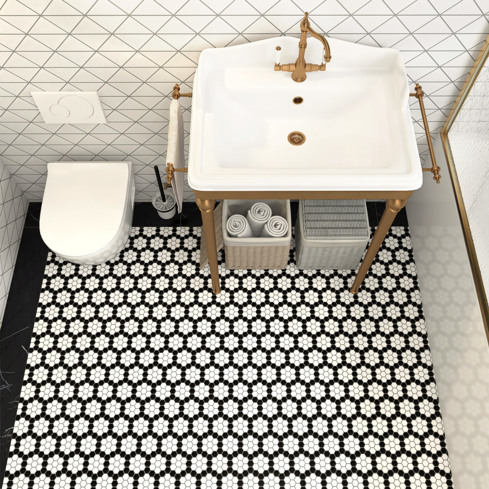 Sample – Metro 1″ Hex Matte White w/Black Honeycomb Porcelain Mosaic Tile