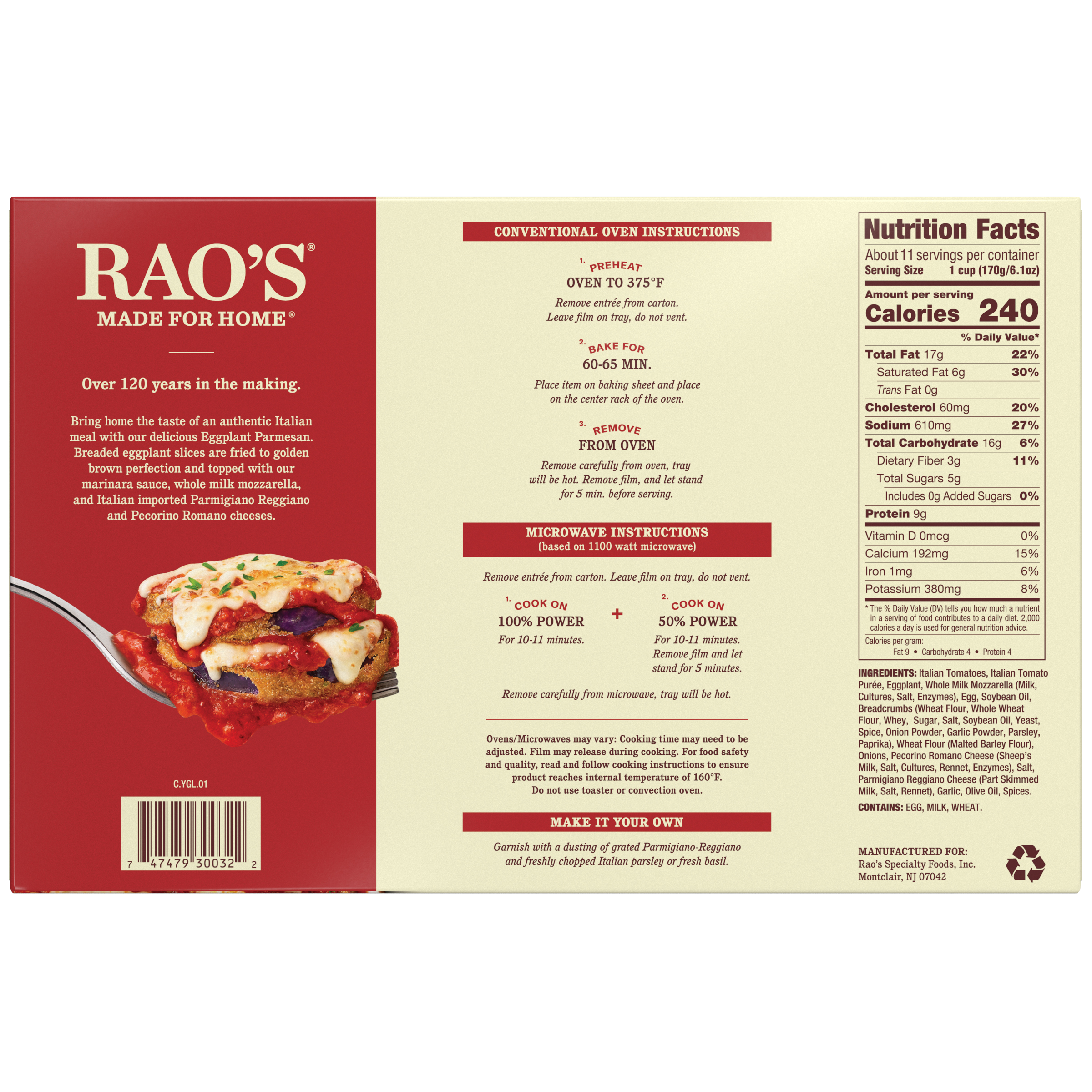 Eggplant Parmesan Frozen Meal, 64 oz - Back Image