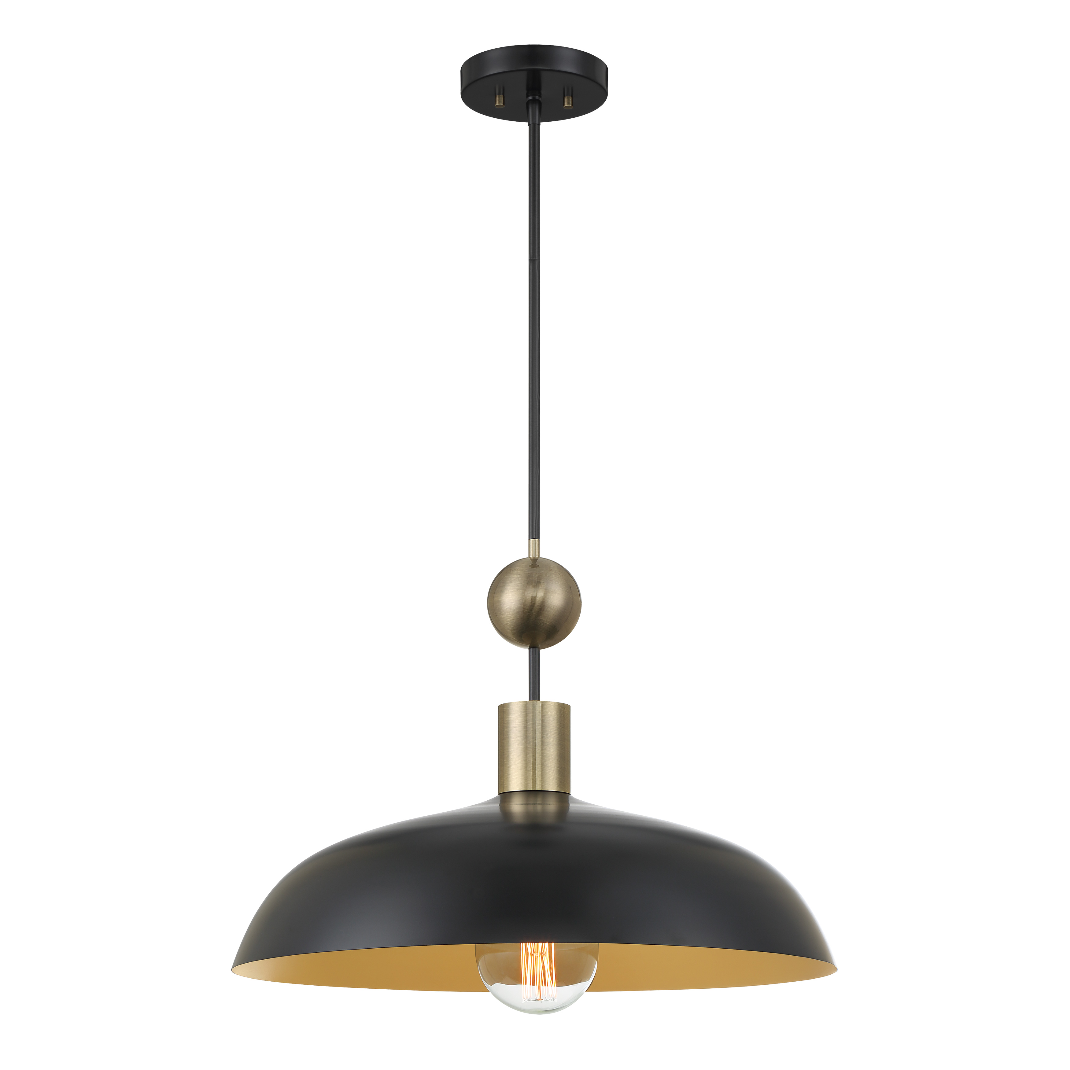 The Biloxi pendant combines coal black steel with weathered antique brass detailing for an industrial aesthetic that works in both modern and transitional spaces. At 24 inches wide, it makes a bold statement over islands and dining tables. - alternate view