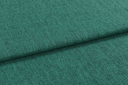 Teal-green textured upholstery fabric, close-up, showing short nap and subtle ribbing; folded horizontally with a visible overlap; photographed under soft, even lighting against an indistinct neutral background.
