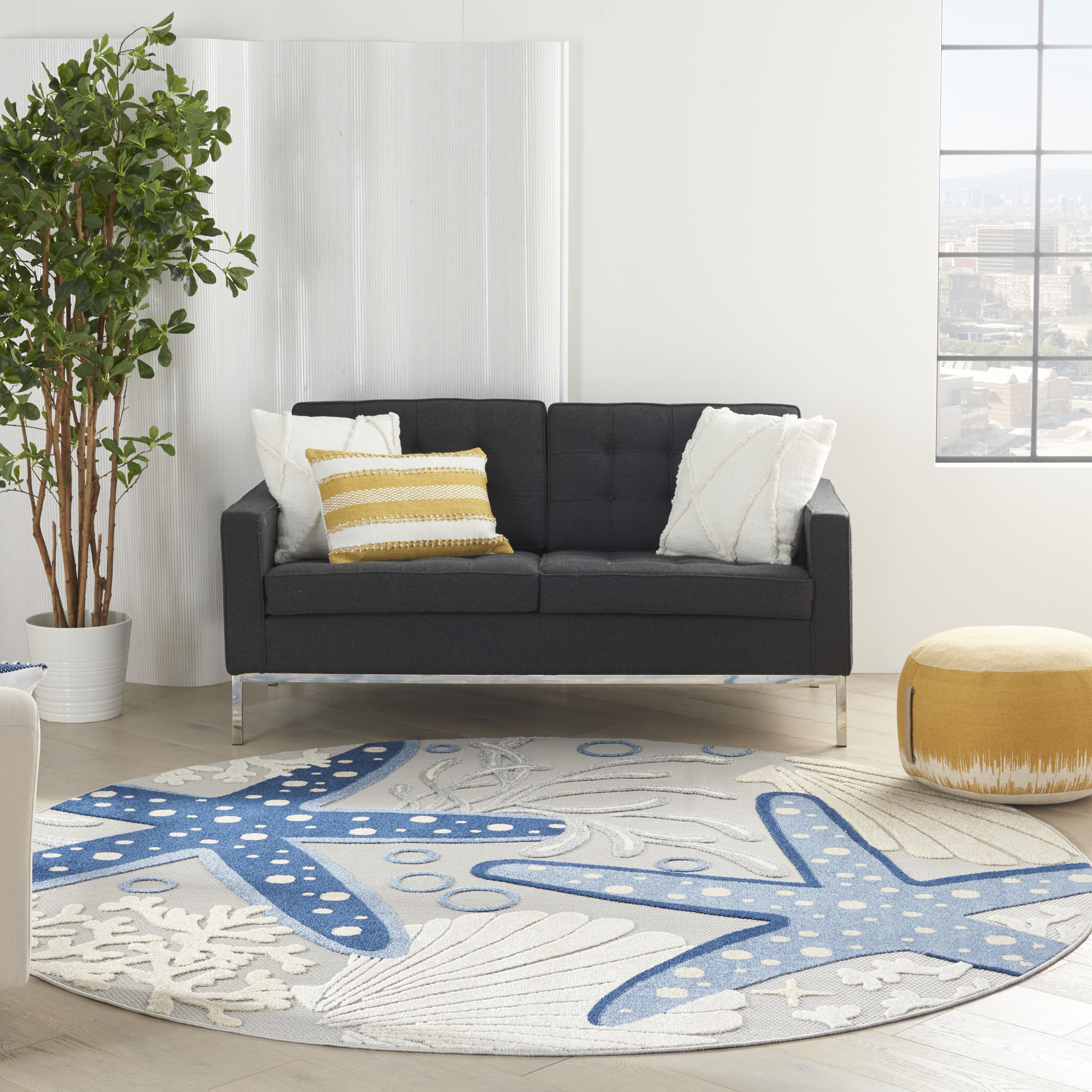 Nourison Aloha 7'10" x Round Blue Grey Coastal, Nautical & Beach Rug
