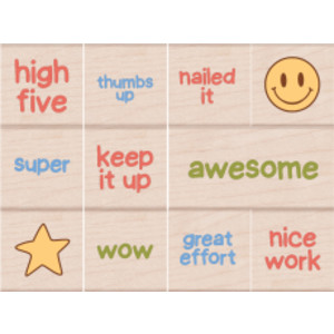 Woodblock Reward Stamps, Encouraging Messages & Icons, 11 Piece Set