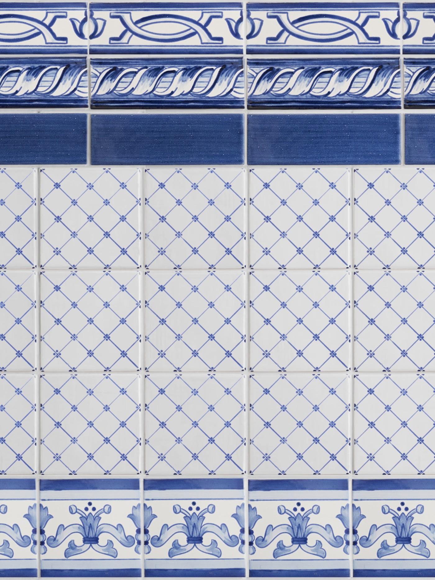 blue and white tiles with an ornamental design.