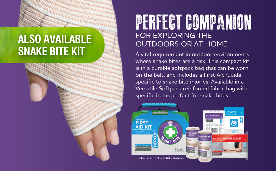 PERFECT COMPANION FOR EXPLORING THE OUTDOORS OR AT HOME
A vital requirement in outdoor environments where snake bites are a risk. This compact kit is in a durable softpack bag that can be worn on the belt, and includes a First Aid Guide specific to snake bite injuries. Available in a Versatile Softpack reinforced fabric bag with specific items perfect for snake bites.