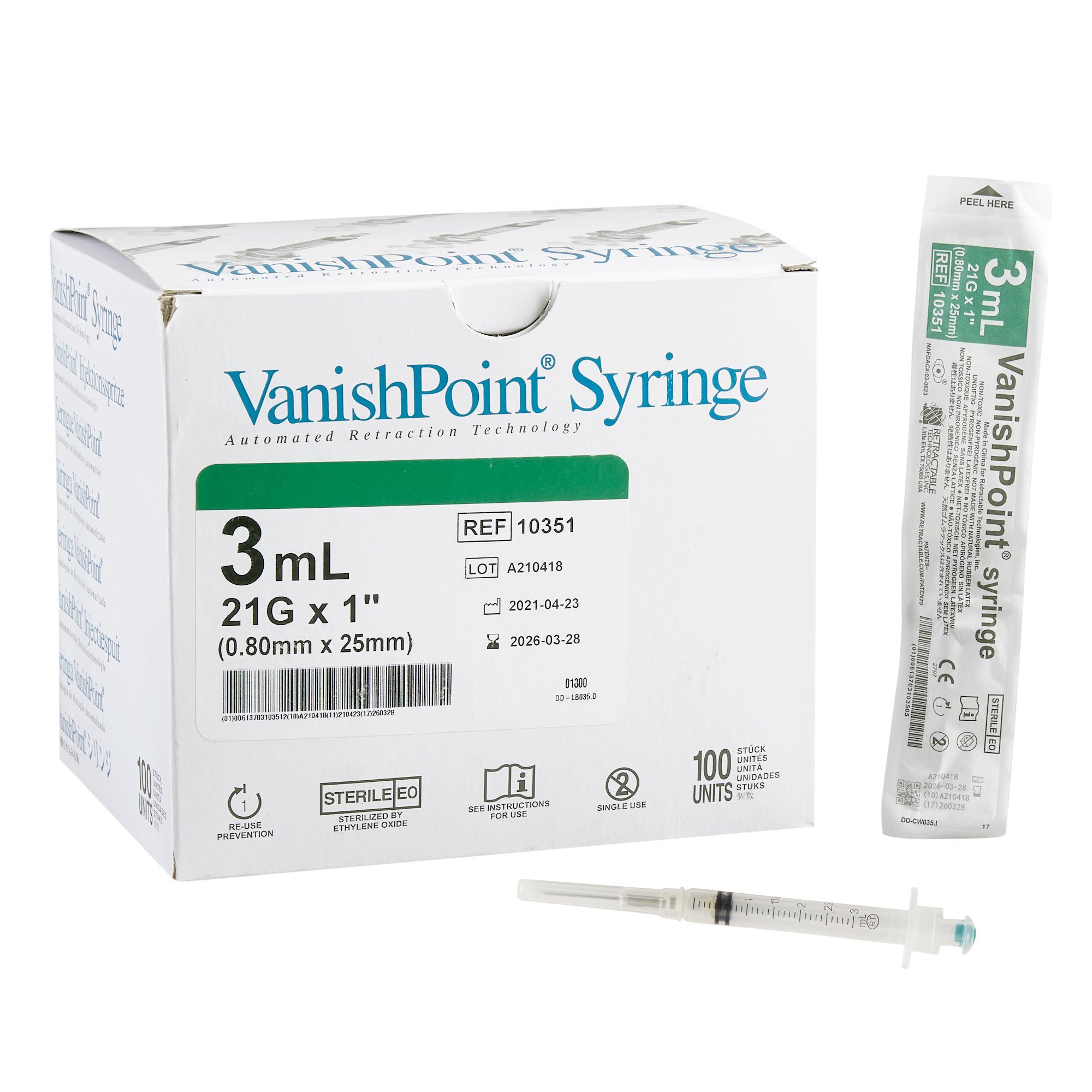 VanishPoint® 3 mL Syringe with Hypodermic Needle, 21 Gauge, 1 Inch