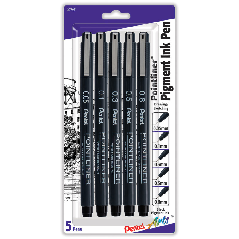 Pointliner Pen, Assorted Sizes, Black Pigment Ink, 5-Pack