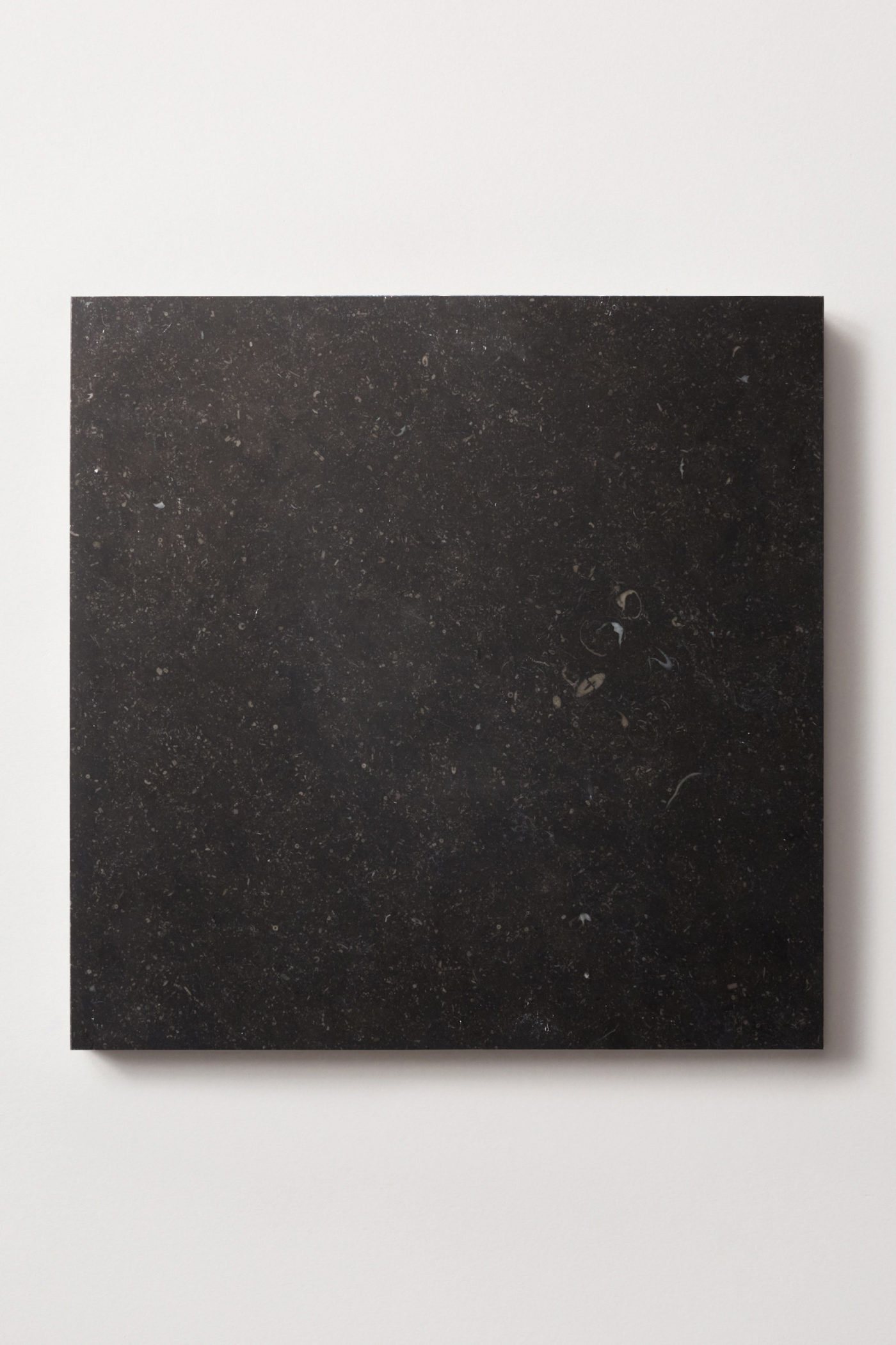 a square black limestone tile on a white surface.