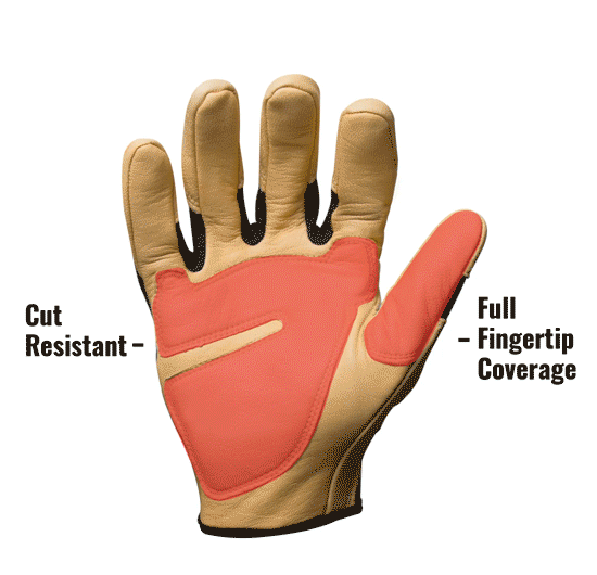 GSA Compliant Fire Resistant Premium Leather Fabricator Gloves in Black and Tan FRGGSA-05 showing Full Fingertip Coverage and Cut Resistant