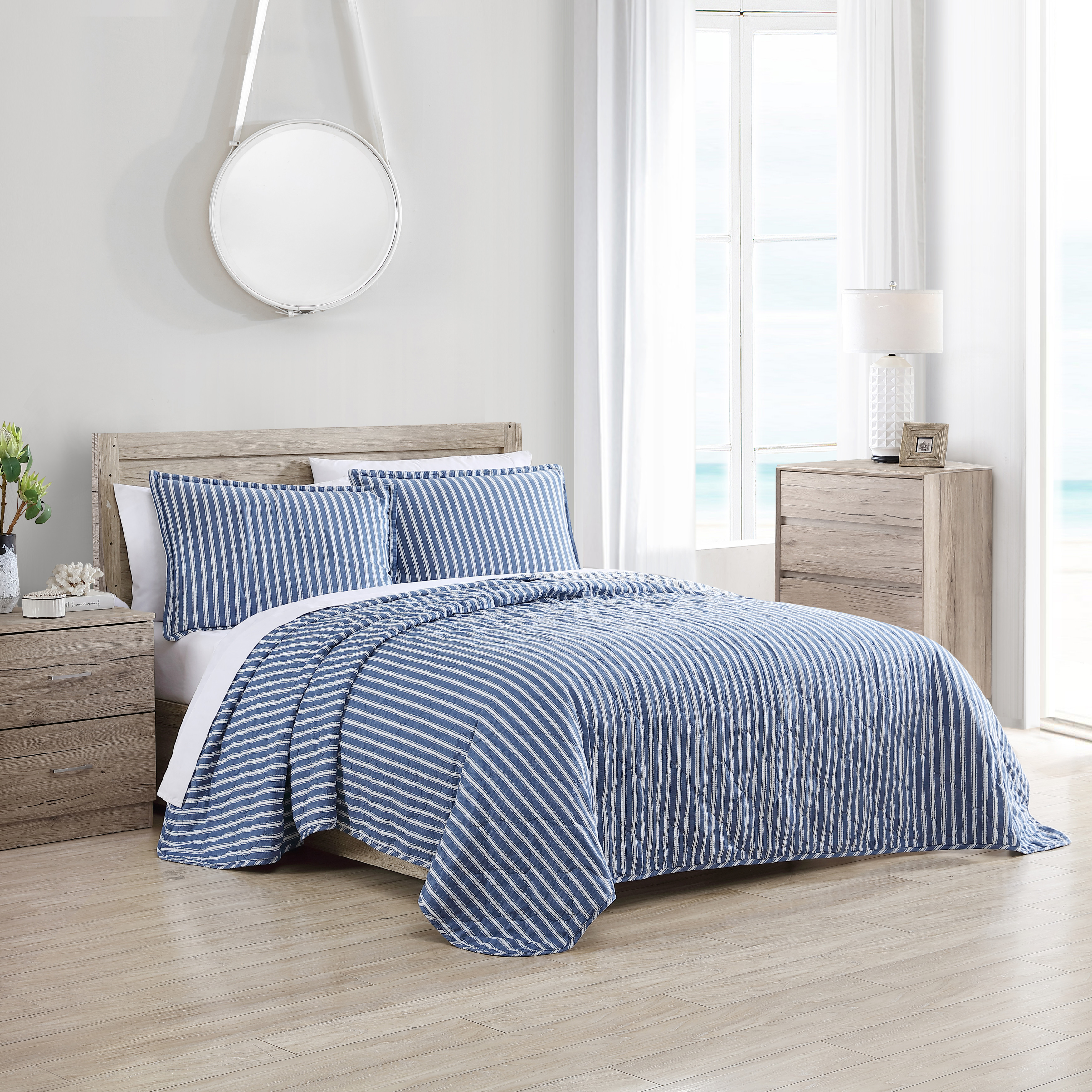 Stone Cottage Willow Way Ticking Stripe Cotton Blue 3 Piece Quilt Set-Full/Queen - Picture 14 of 17