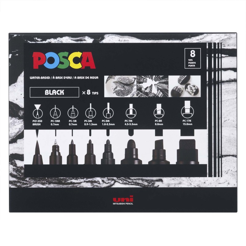 PC-Mix Paint Markers, Assorted Sizes, Black, Set of 8