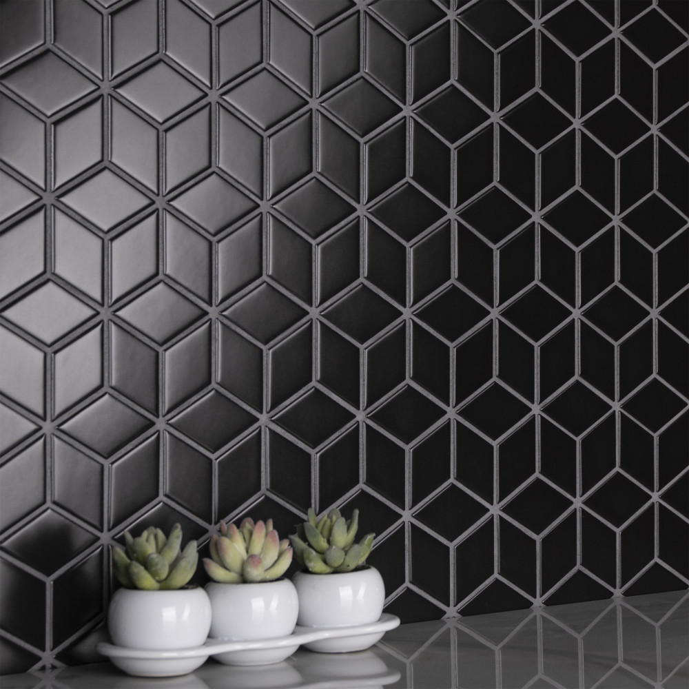 Metro Rhombus Matte Black 10-1/2 in. x 12-1/8 in. Porcelain Mosaic Tile
