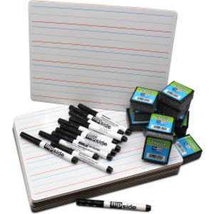 Red & Blue Ruled/Dry Erase Dual Sided Board + Pen + Student Eraser Set, 12 Sets
