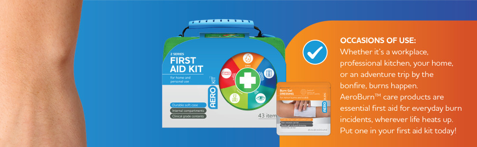 OCCASIONS OF USE: Whether it’s a workplace, professional kitchen, your home, or an adventure trip by the bonfire, burns happen. AeroBurn™ care products are essential first aid for everyday burn incidents, wherever life heats up. Put one in your first aid kit today!