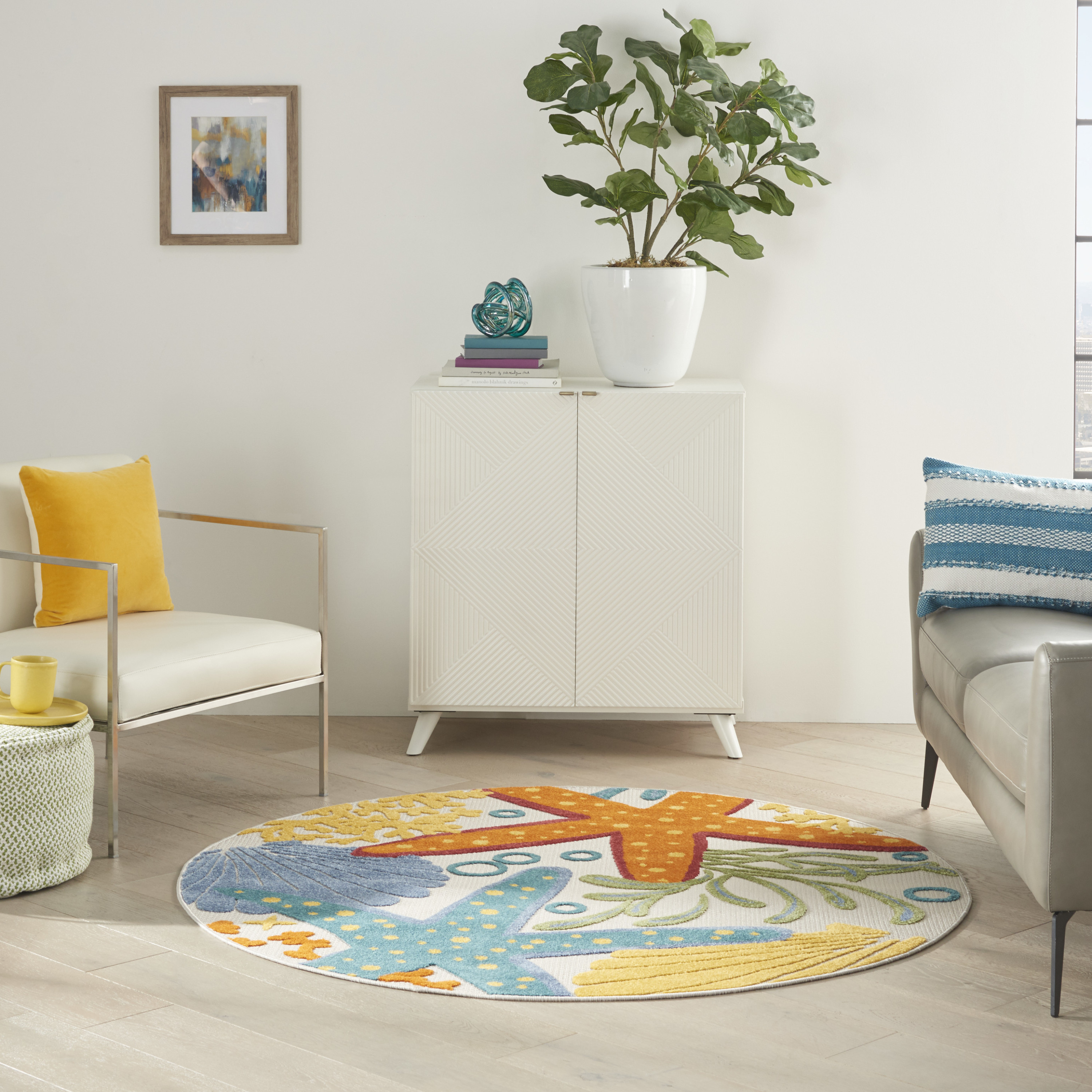Nourison Aloha 5'3" x Round Multicolor Coastal, Nautical & Beach Rug