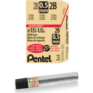 Super Hi-Polymer Lead Refill (0.5mm) Fine, 2B, 12 Pieces/Tube, 12 Tubes/Box