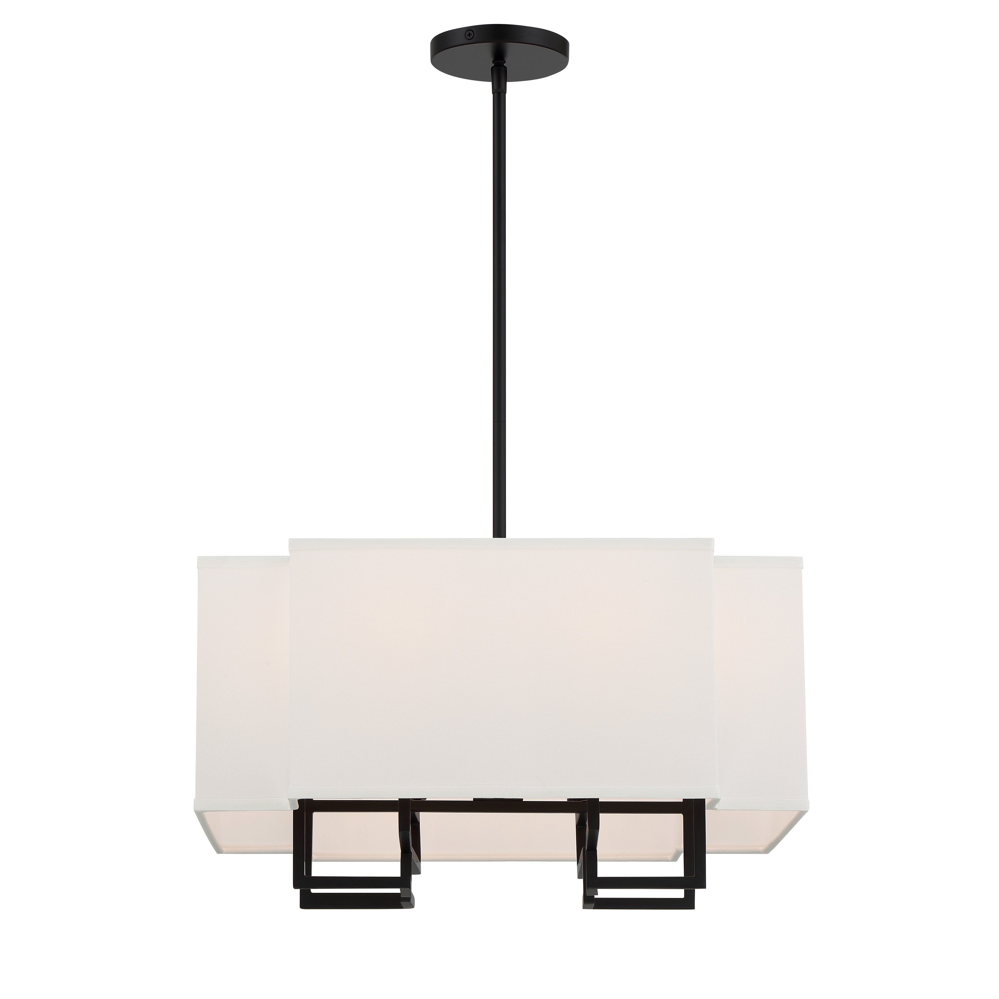 The Upham Estates pendant combines polished nickel and coal finishes with white fabric shades for a striking transitional look. Eight candelabra bulbs provide ample illumination while the 20-inch width makes it perfect for medium-sized spaces. - alternate view