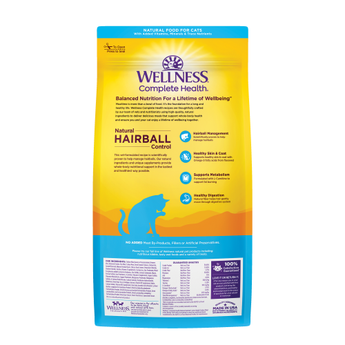 Wellness Complete Health Grained Hairball Control Chicken Meal & Rice back packaging