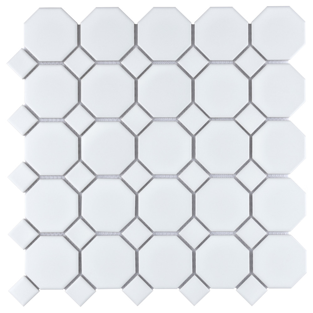 Sample – Metro Octagon Matte White w/ White Dot Porcelain Mosaic Tile