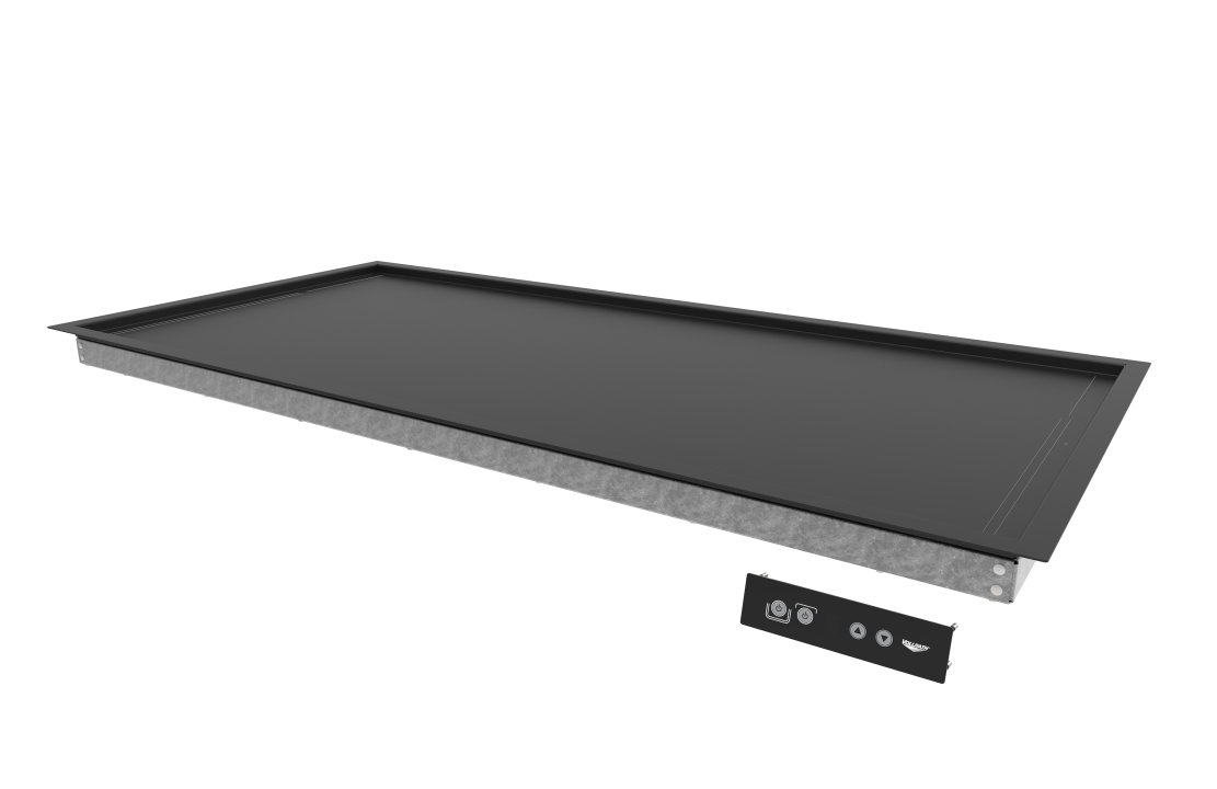 54-inch 120-volt aluminum recessed drop-in heated shelf with thermostatic controls and hardcoat strength coating in black