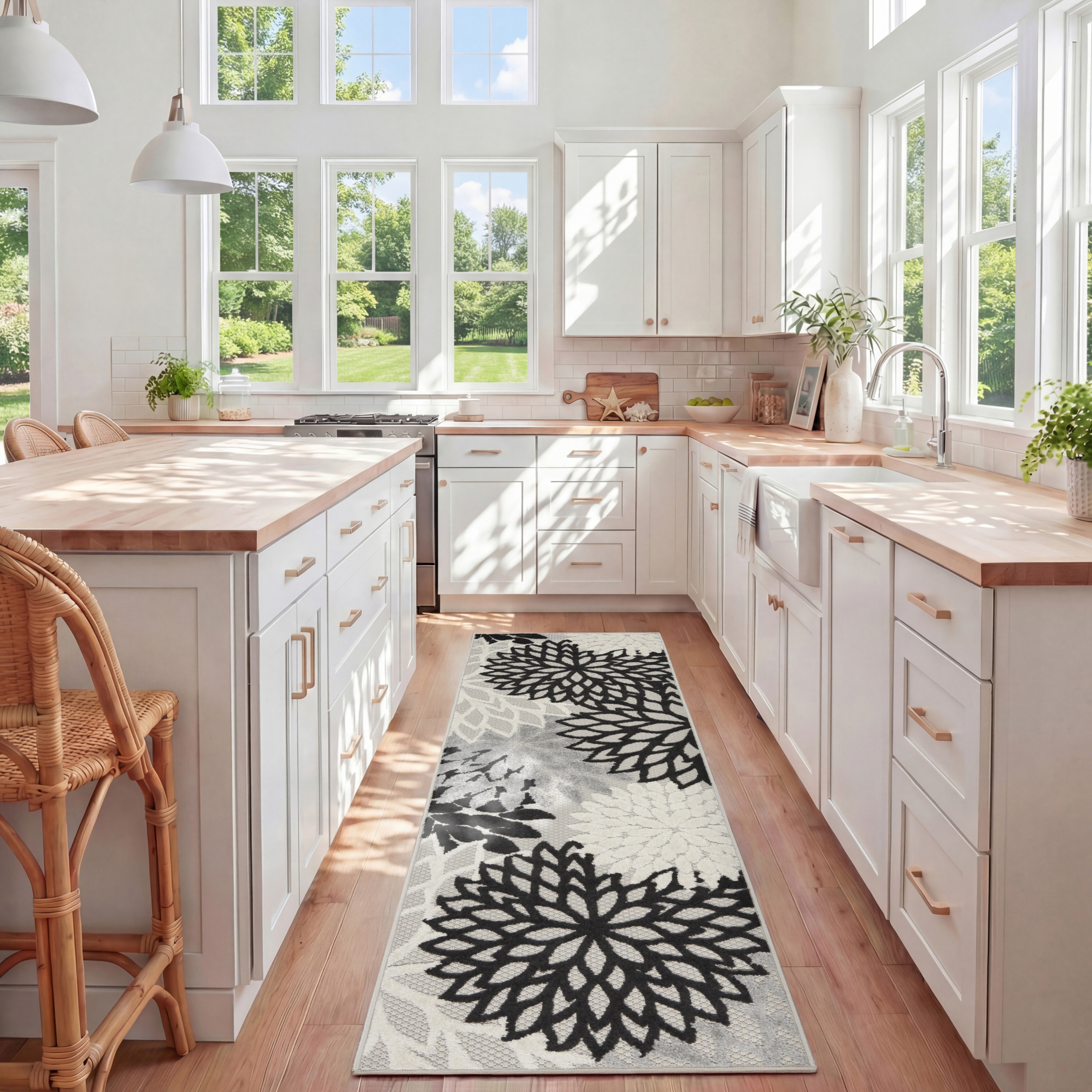 Nourison Aloha 2' x 6' Black White Tropical Rug