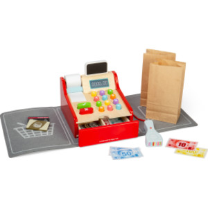 Wooden Pretend Play Shop Till with Scanner, Cash, Card, Conveyor Belt and Receipts, Ages 3+