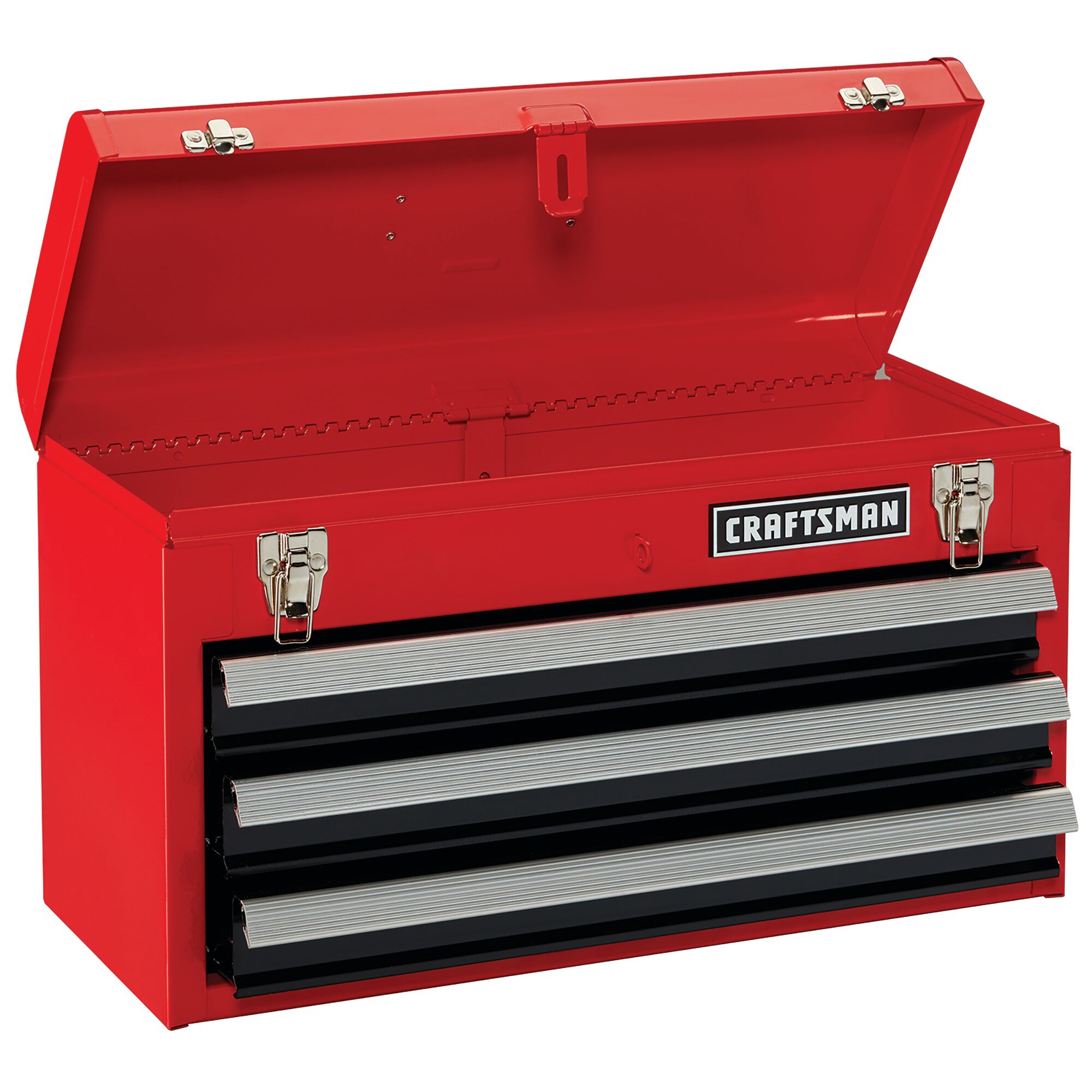 Portable 20.5 Inch ball bearing 3 drawer steel lockable tool box with lid open.