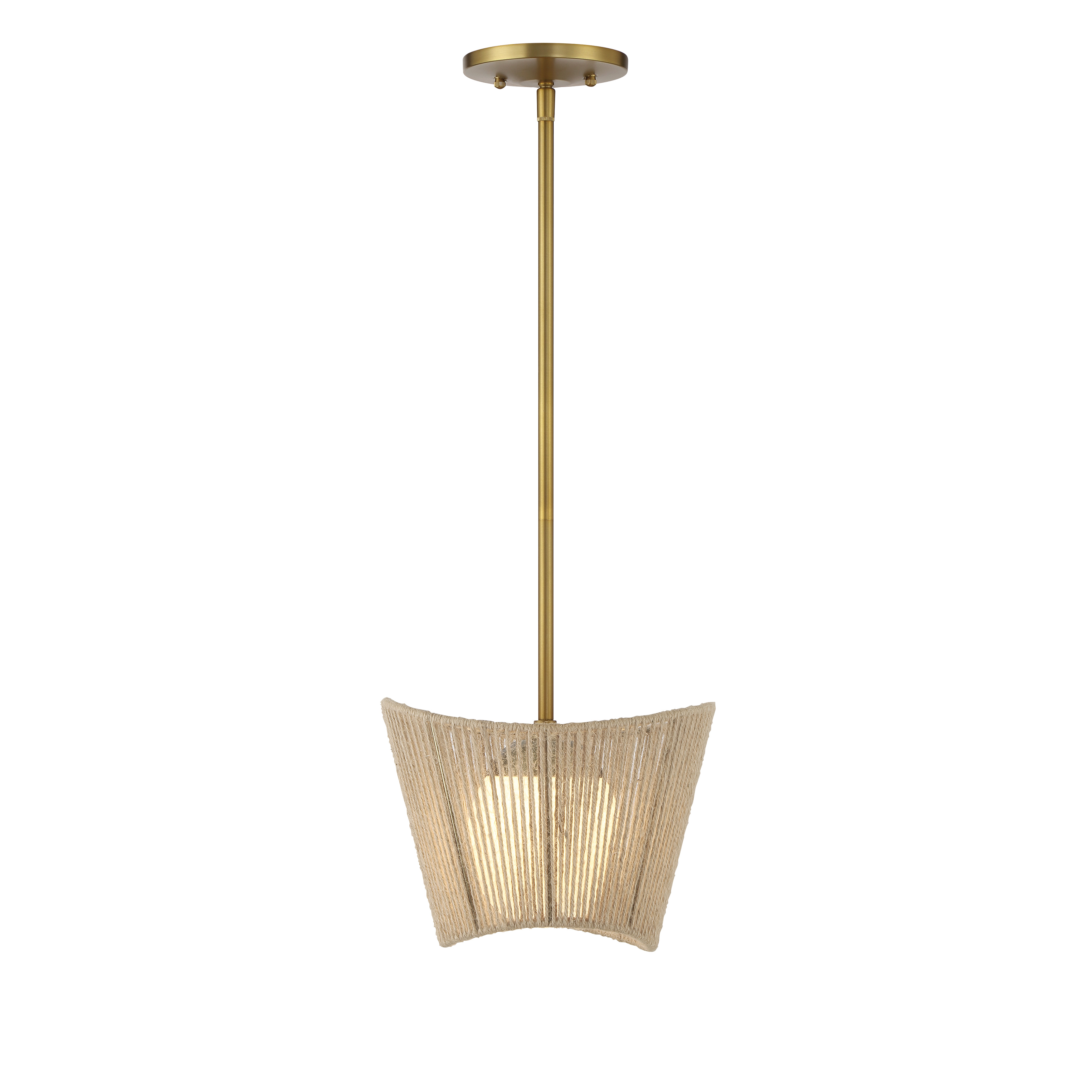 The Key Largo Mini Pendant brings relaxed coastal charm with its soft brass finish, natural rope shade, and etched opal glass diffuser. Compact at 10 inches wide, it's perfect for kitchen islands, bathrooms, or as accent lighting in smaller spaces. - alternate view