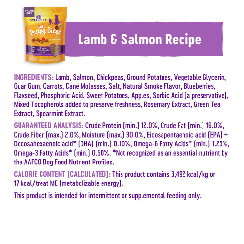 <p>Lamb, Salmon, Chickpeas, Ground Potatoes, Vegetable Glycerin, Guar Gum, Carrots, Cane Molasses, Salt, Natural Smoke Flavor, Blueberries, Flaxseed, Phosphoric Acid, Sweet Potatoes, Apples, Sorbic Acid (a preservative) Mixed Tocopherols (added to preserve freshness), Rosemary Extract, Green Tea Extract, Spearmint Extract.</p>