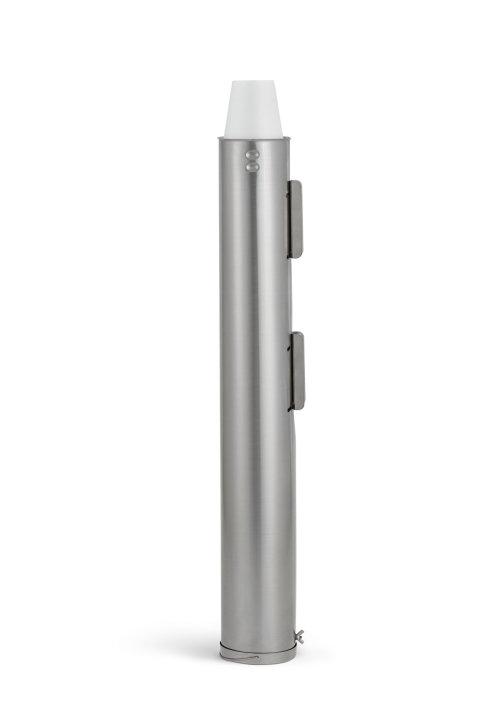 Stainless steel spring-loaded cup dispenser for 3 ½- to 4 ⅛-inch diameter cups