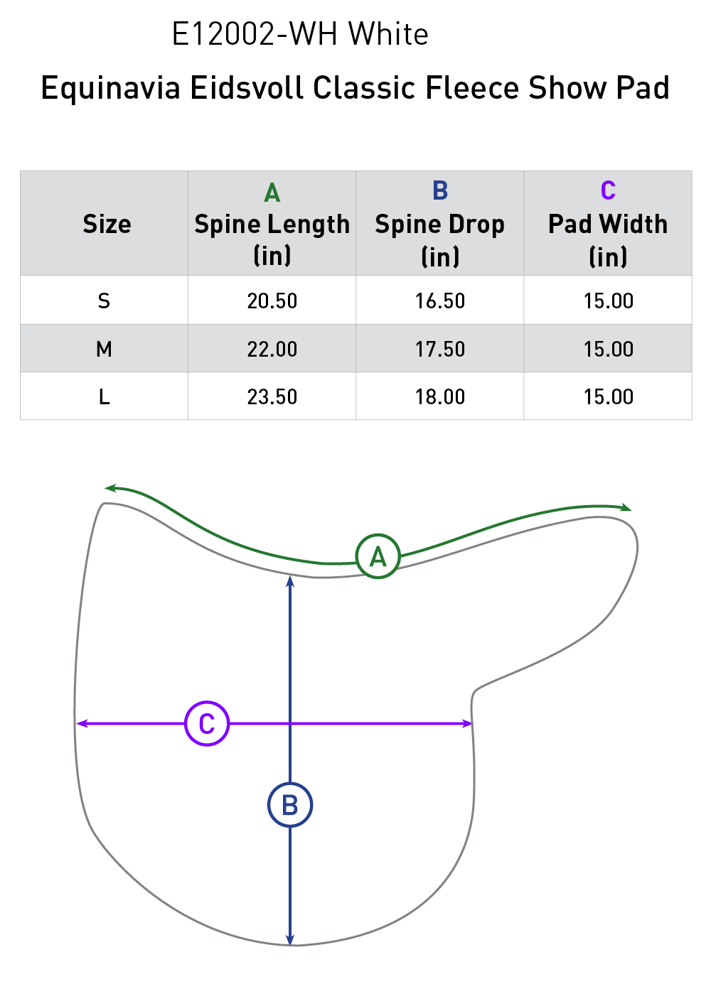 Size chart for Equinavia Eidsvoll Classic Fleece Show Pad - White