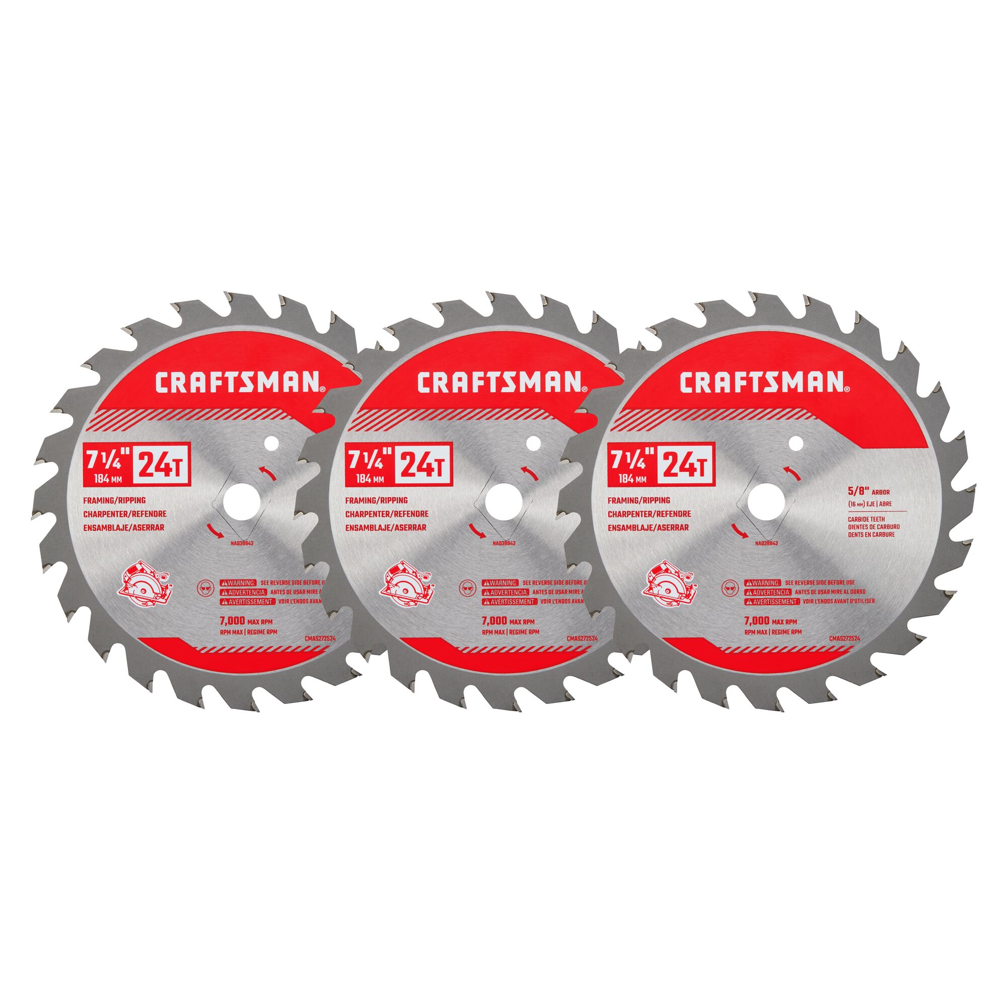 3 pack 7 and a quarter inch 24 tooth framing ripping saw blade.