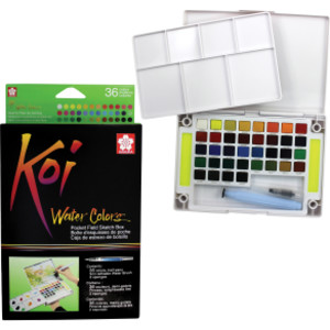 Koi Water Colors Field Sketch Box with Brush, 36 Colors