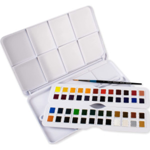 Aquafine Watercolor Paint Half Pan Studio Set, Assorted Colors, 48 Pieces