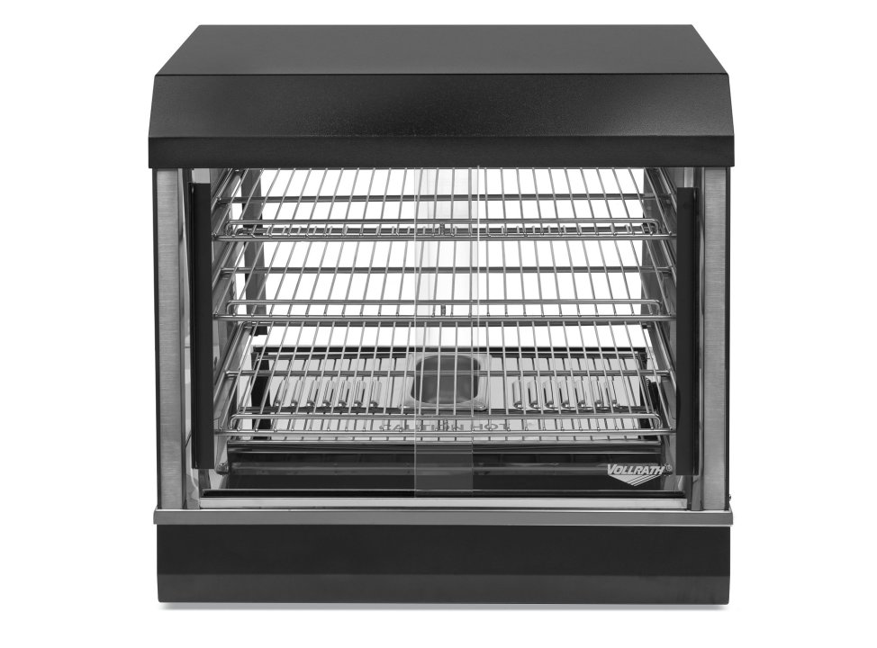 26-inch-wide 120-volt angled-front heated display case with front and rear access in black