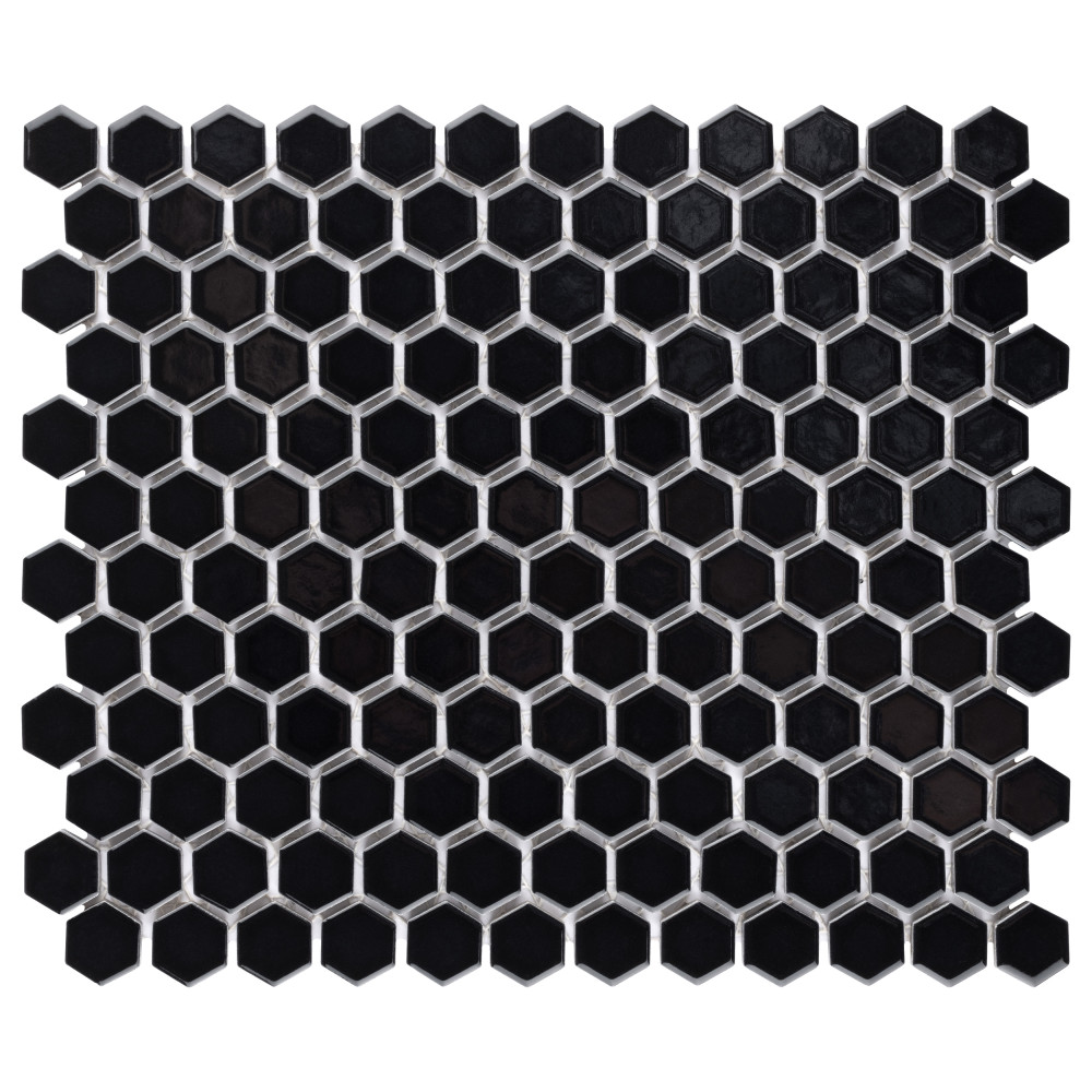 Metro 1″ Hex Glossy Black 10-1/4 in. x 11-7/8 in. Porcelain Mosaic Tile