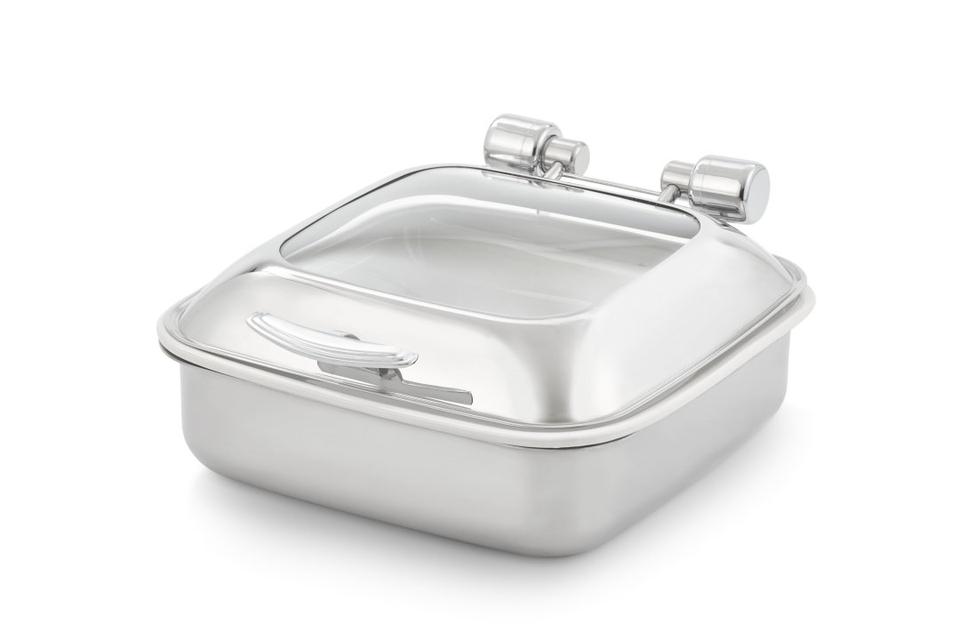 6-quart Intrigue® glass-top square stainless steel induction chafer with porcelain food pan
