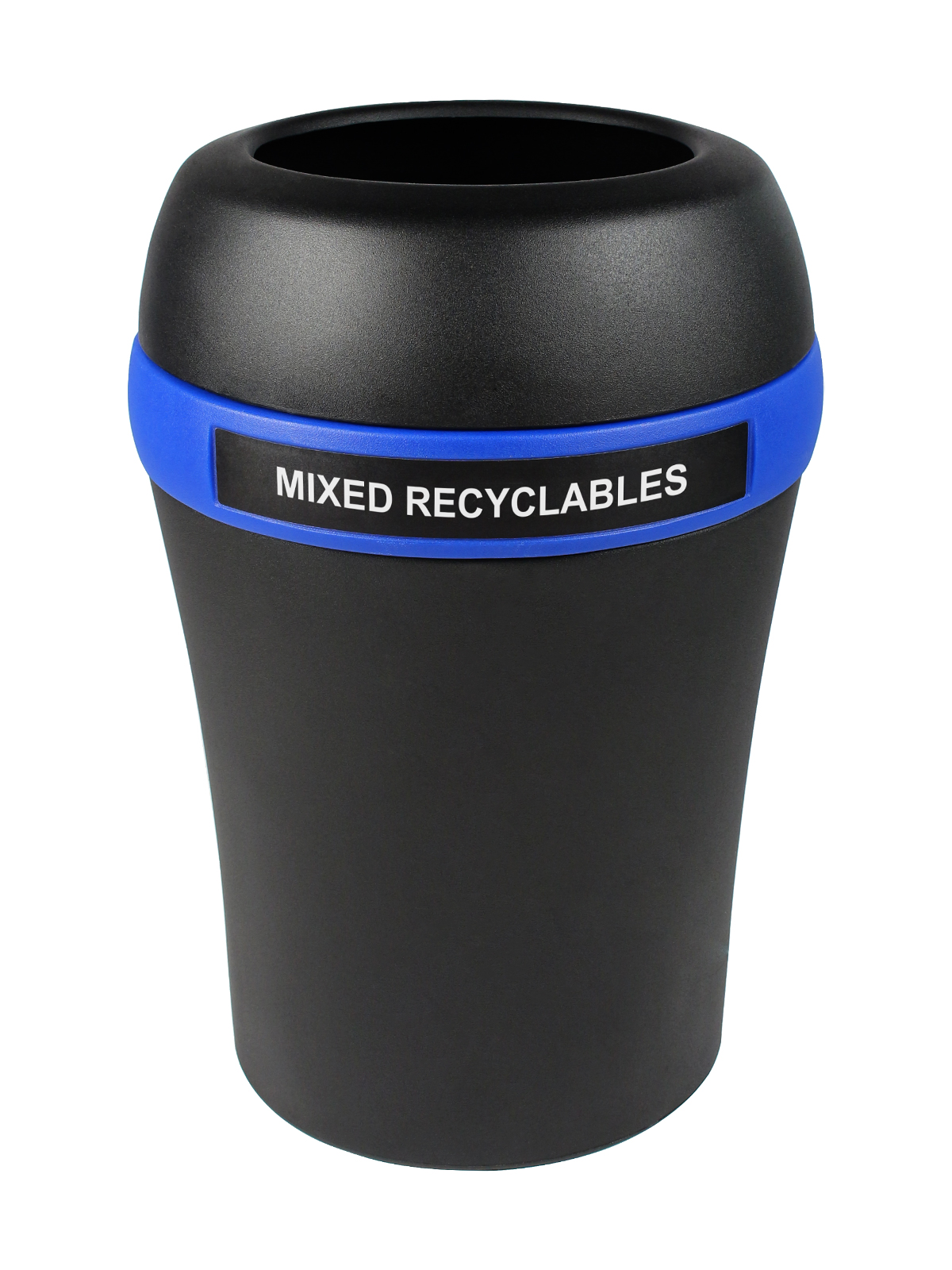 Busch Systems Infinite container in black with blue band labeled for mixed recyclables with full opening lid