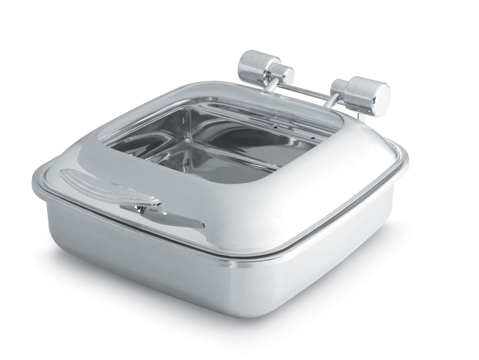 Chafing dish cuadrado con tapa de cristal apto para inducción.