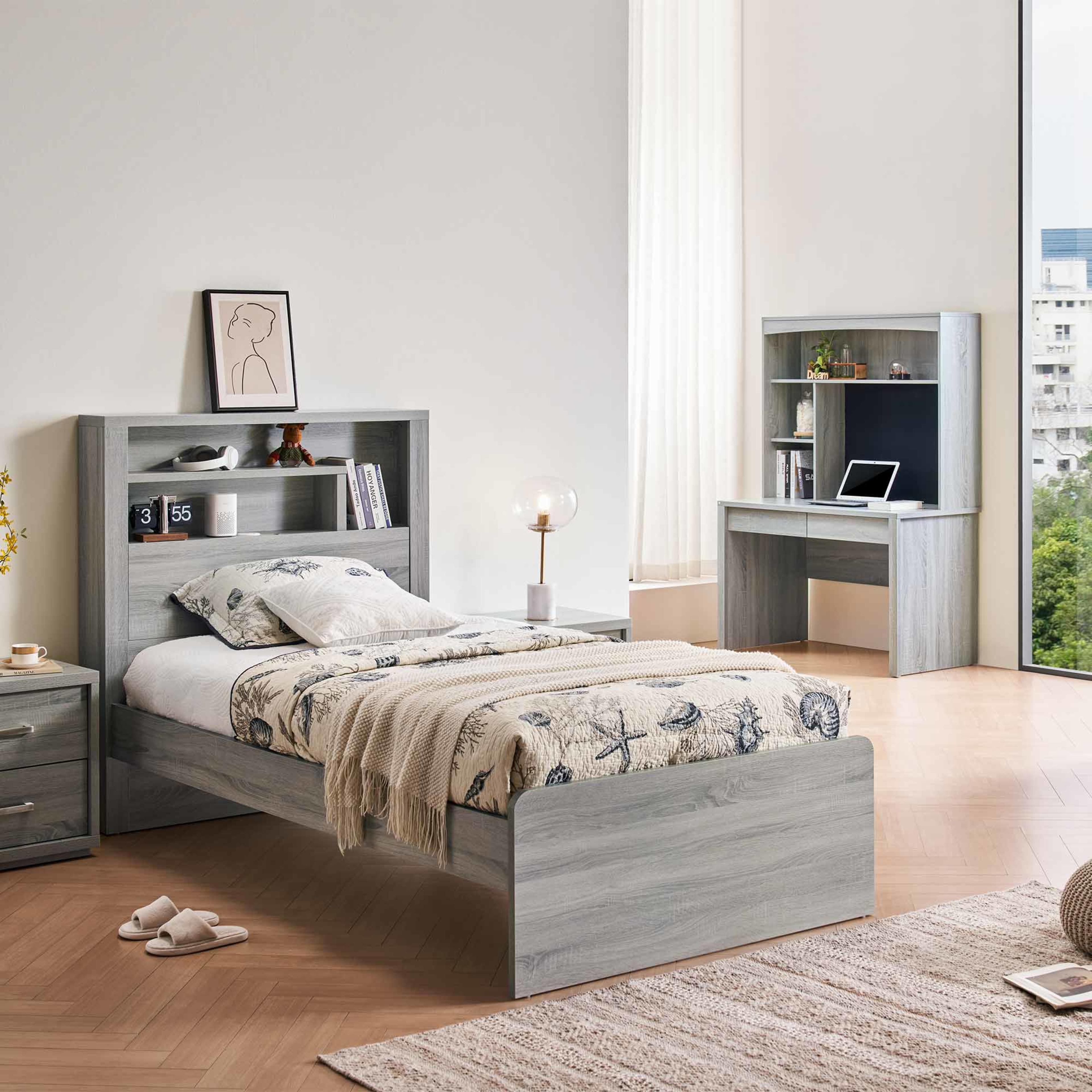 Lifestyle image of the Bellevue Bed Frame, Cement Grey from Forty Winks