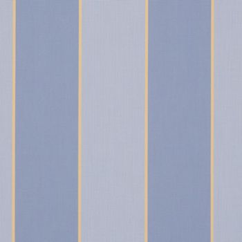 Striped wallpaper with alternating wide periwinkle and pale-blue vertical bands separated by thin yellow pinstripes, covering a flat, evenly lit wall and serving as a decorative interior surface.