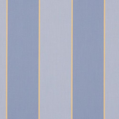 Striped wallpaper with alternating wide periwinkle and pale-blue vertical bands separated by thin yellow pinstripes, covering a flat, evenly lit wall and serving as a decorative interior surface.