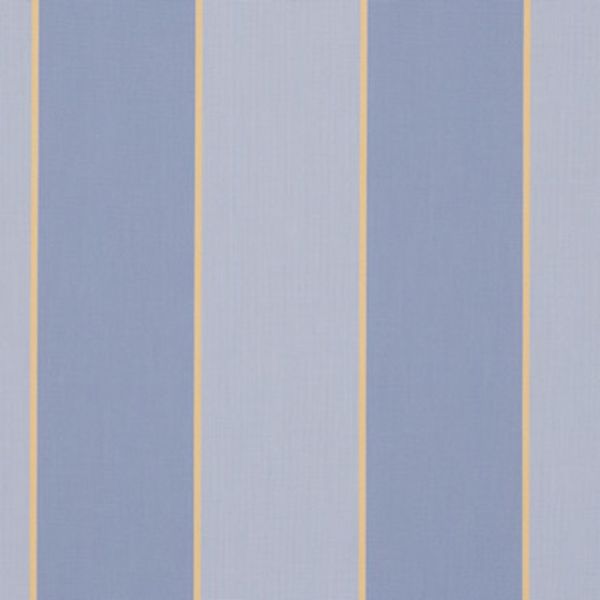 Striped wallpaper with alternating wide periwinkle and pale-blue vertical bands separated by thin yellow pinstripes, covering a flat, evenly lit wall and serving as a decorative interior surface.