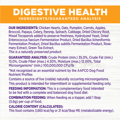 <p>Chicken Hearts, Oats, Pumpkin, Carrots, Apples, Broccoli, Papaya, Celery, Parsnip, Spinach, Cabbage, Dried Chicory Root, Mixed Tocoperols added to preserve freshness, Hydrolyzed Yeast, Dried Enterococcus faecium Fermentation Product, Dried Bacillus licheniformis Fermentation Product, Dried Bacillus subtilis Fermentation Product,  Rosemary Extract, Green Tea Extract</p>
