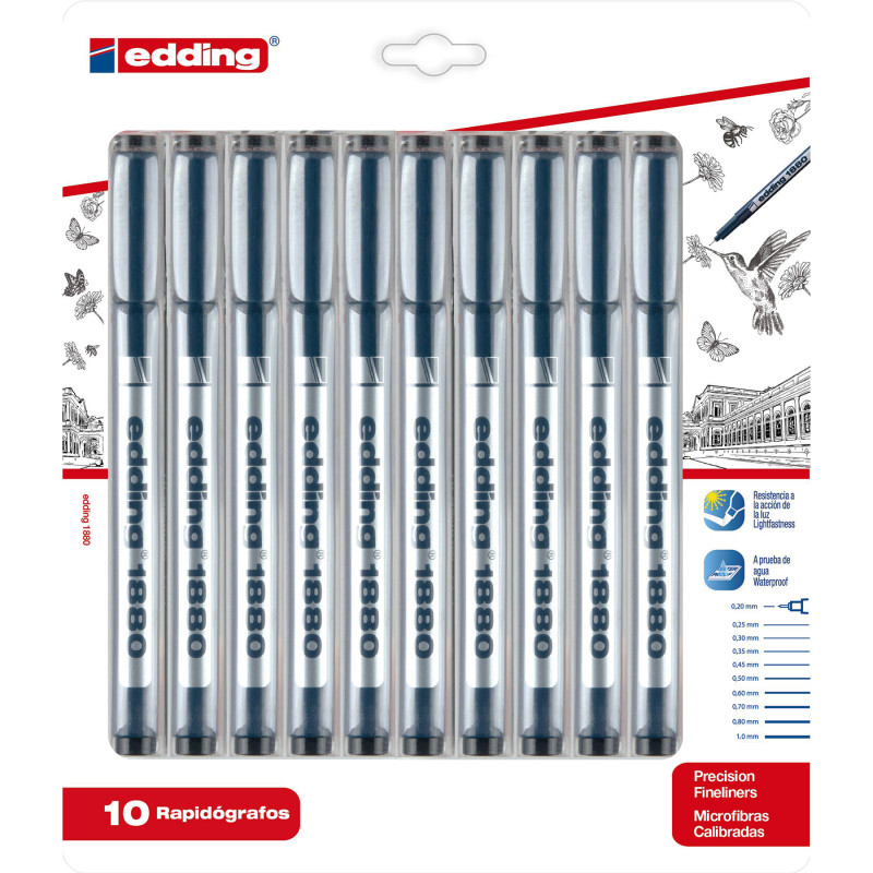 1880 Series Drawliner Pen, Assorted Sizes, Black, Set of 10
