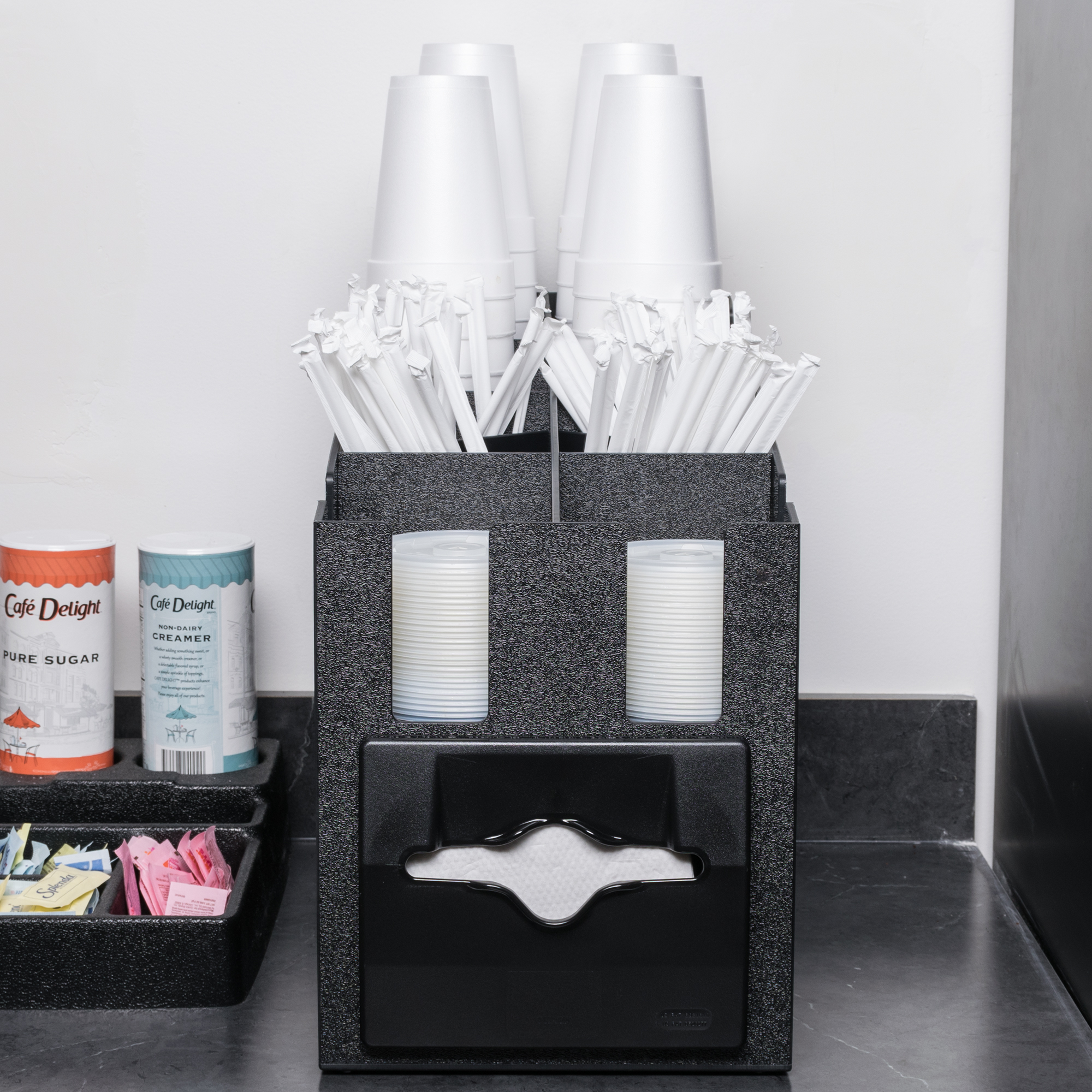 Countertop napkin dispenser with cup, lid and condiment