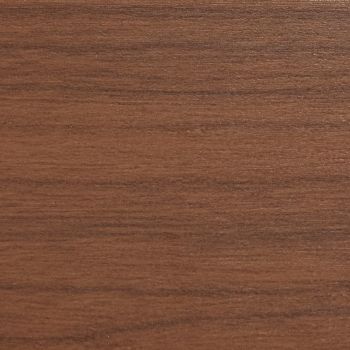 Horizontal walnut veneer panel filling the frame, displaying fine straight grain and subtle sheen; resting flat as a tabletop or shelf surface in soft, even indoor lighting.