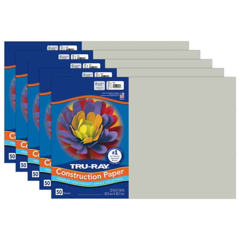 Construction Paper, Heavyweight, Gray, 12" x 18", 50 Sheets Per Pack, 5 Packs
